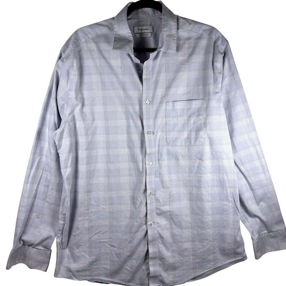 Calvin Klein Button Up Mens Large Blue Plaid Stretch Long Sleeve Business Casual